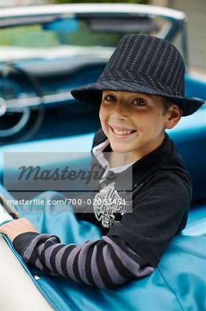 Portrait of Boy in Car, Corona Del Mar, Newport Beach, California, USA