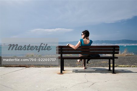 Woman Sitting on Bench, Black Sea, Nesebar, Burgas Province, Bulgaria