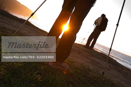 Two Women Hiking Along Cliffs Overlooking Ocean, Palos Verdes, California