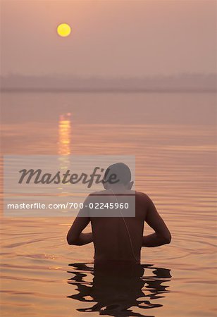 Pilgrim Bathing in the Ganges River, Varanasi, Uttar Pradesh, India