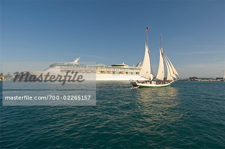 Sailboat and Cruise Ship, Florida Keys, Florida, USA
