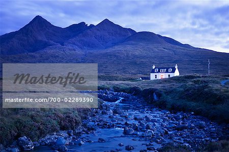 Cottage by River on Moorland, Cuillin Hills, Isle of Skye, Inner Hebrides, Scotland