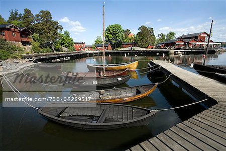 Boats Anchored at Floating Dock, Fjaderholmarna, Stockholm Archipelago, Scandinavian Peninsula, Stockholm, Sweden