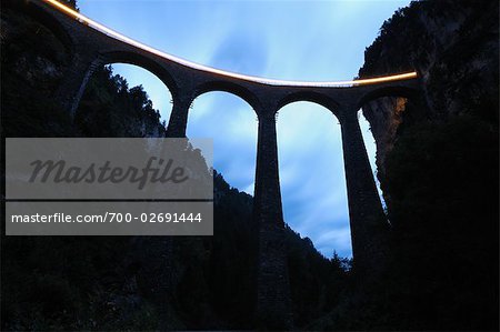 Looking Up at Viaduct at Dusk, on the Albula to Bernina Route, Alvaneu and Filisur Municipalites, Albula, Graubunden Canton, Switzerland