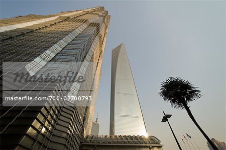 Looking Up at the Jin Mao Tower on the Left and the Shanghai World Financial Center on the Right, Shanghai, China