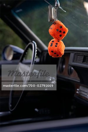 Fuzzy Dice Hanging From Rear View Mirror, Antique Car Show