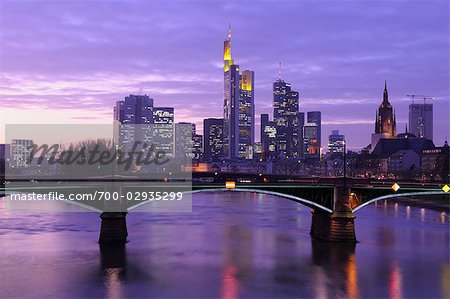 Ignatz Bubis Bridge over River Main and Skyline, Frankfurt, Hesse, Germany