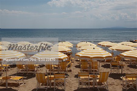 Beach Chairs and Umbrellas, Follonica, Gulf of Follonica, Maremma, Grosseto, Tuscany, Italy