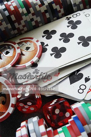 Close-up of Cards, Pokerchips and Dice