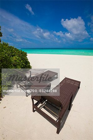 Sunloungers on Beach, Banyan Tree Madivaru, Alif Alif Atoll, Maldives