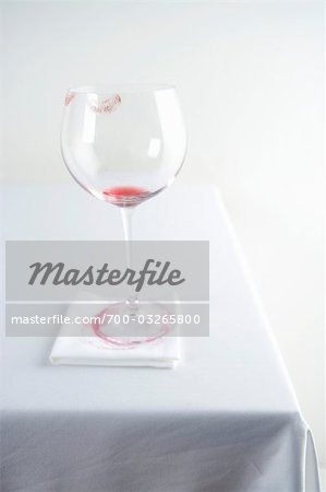 Empty Glass of Red Wine With Lipstick Mark on Rim