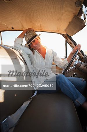 Woman Driving a Vintage Car, Santa Cruz, California, USA