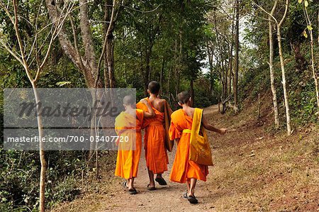 Monks Walking on Path, Phu Si, Luang Prabang, Laos