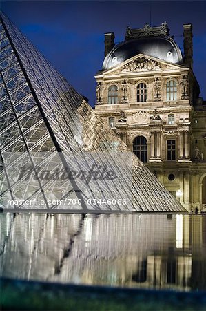 Louvre and Pyramid at Night, Paris, France