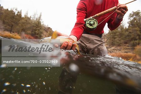 Man Fly Fishing on Deschutes River, Oregon, USA Man Fly Fishing on Deschutes River, Oregon, USA