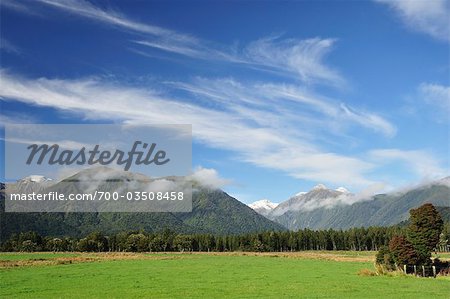 Farmland and Southern Alps, Jacobs River, West Coast, South Island, New Zealand