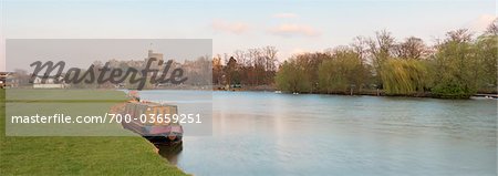 Barged Moored on the Bank of the River Thames, Windsor Castle in the Background, Windsor, Berkshire, England