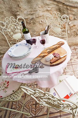 Bread and Wine on Table, Caunes-Minervois, Aude, Languedoc-Roussillon, France