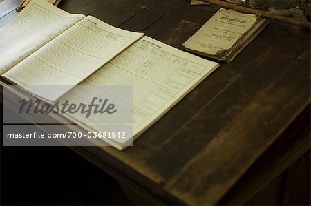 Exercise Book on Old Desk in Museum Classroom, Stroppo, Valle Maira, Italy