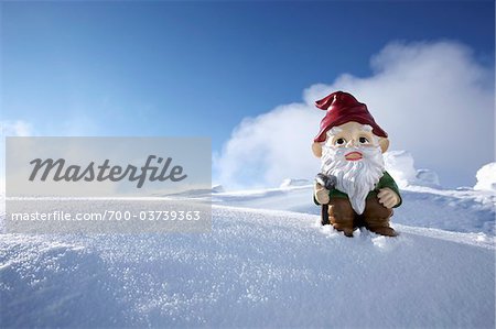 Garden Gnome on Side of Snow Covered Mountain