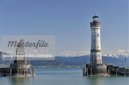 Harbor Entrance with Lighthouse and Lion Statue, Lindau, Bavaria, Germany