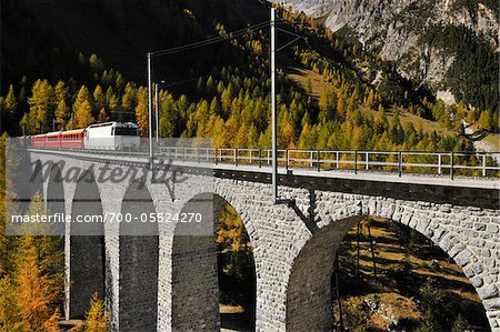 Train Crossing Viaduct, Preda, Albula Pass, Grisons, Switzerland