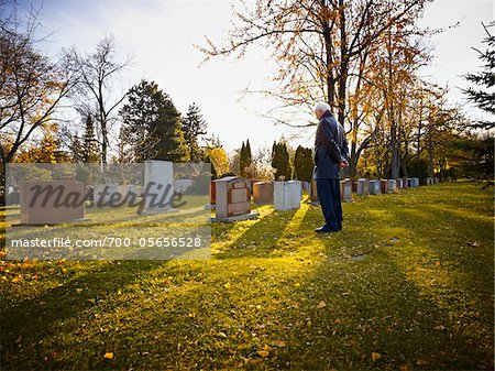 Man Looking at Headstone in Cemetery
