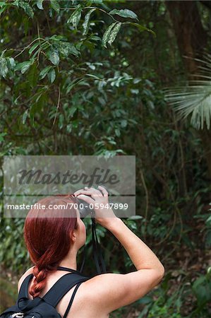 Woman Looking Through Binoculars in Forest, Rio de Janeiro, Brazil