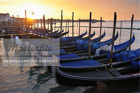 Row of Gondolas on Grand Canal at Dawn, Venice, Veneto, Italy
