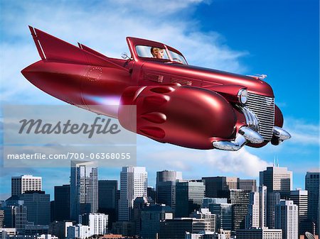 Woman Flying Jet Car over City