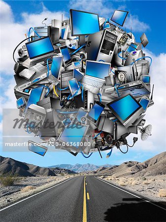 Sphere of Digital Devices Floating Above Desert Highway Sphere of Digital Devices Floating Above Desert Highway
