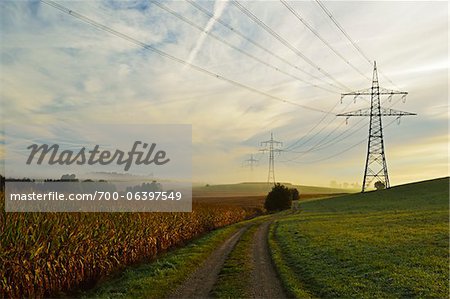 Country Road Running Between Farmland and Power Line, near Villingen-Schwenningen, Baden-Wurttemberg, Germany