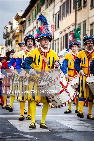 Drummers in Marching Band, Scoppio del Carro, Explosion of the Cart Festival, Easter Sunday, Florence, Province of Florence, Tuscany, Italy