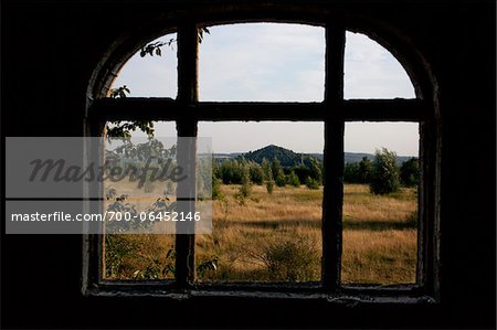 View of Field Through Window of Abandoned Colliery, Chatelet, District of Marcinelle, Charleroi, Wallonia, Belgium