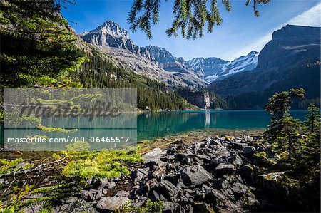 Rocky Shoreline and Mountain Vista at Lake O'Hara, Yoho National Park, British Columbia, Canada