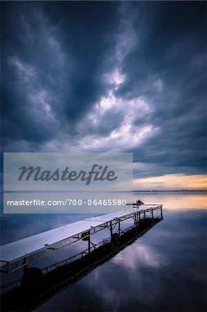 Dock on Still Lake with Storm Clouds Overhead, King Bay, Point Au Fer, Champlain, New York State, USA