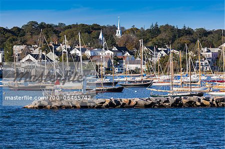 Sailboats in Marina with Town in Background, Vineyard Haven, Tisbury, Martha's Vineyard, Massachusetts, USA