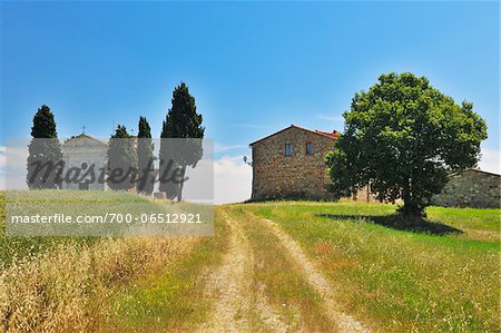 Path to Historic Chapel of Vitaleta and Farmhouse in Summer, San Quirico d'Orcia, Province of Siena, Tuscany, Italy