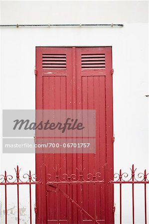 Close up of red door and fence, architecture detail, Arcachon, Gironde, Aquitaine, France