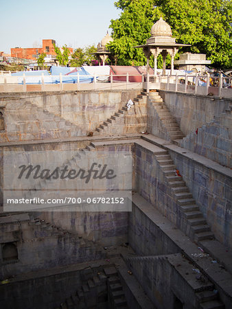 Twin Step Wells of Nagar Sagar water cistern in old town center, city of Bundi, India