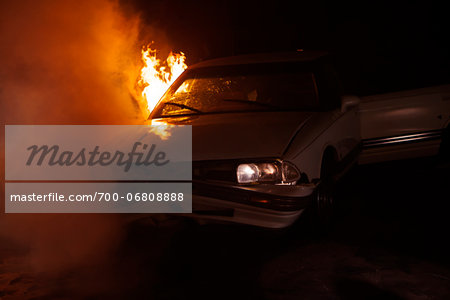 Car Wreck on Fire at Night