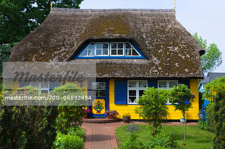 Idyllic house with ornate door and thatched roof in Born, Fischland-Darss-Zingst, Coast of the Baltic Sea, Mecklenburg-Western Pomerania, Germany, Europe