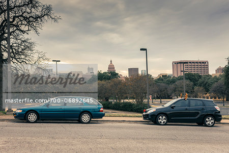 Cars parked with View of Austin Texas at Christmas, USA