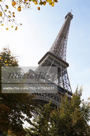 Low angle view of Eiffel Tower against blue sky, Paris, France