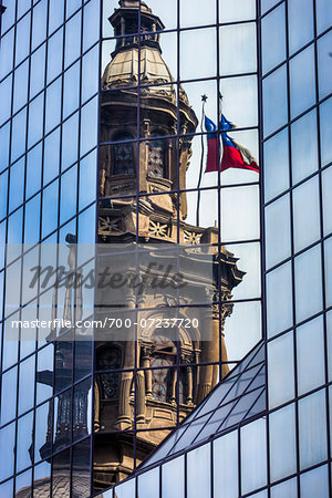 Reflection of Metropolitan Cathedral in Glass Building, Plaza de Armas, Santiago, Chile