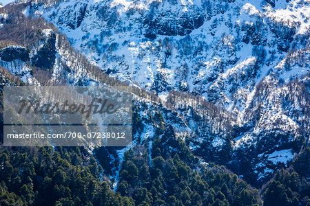 Close-up of snow covered mountain, the Andes Mountains at Puerto Frias, Nahuel Huapi National Park (Parque Nacional Nahuel Huapi­), Argentina