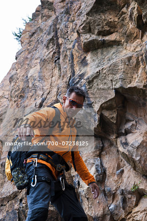 Mature Man Rock Climbing, Schriesheim, Baden-Wurttemberg, Germany