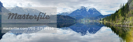 Panoramic, scenic view of Lake Altaussee and mountains in spring, Styria, Austrai