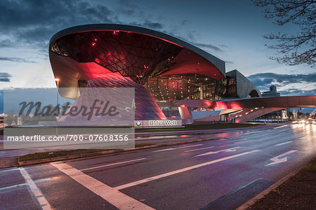 View of the BMW Welt at dusk, Munich, Bavaria, Germany.