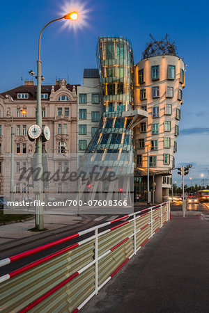 View of the Dancing House at dusk, Prague, Bohemia, Czech Republic. View of the Dancing House at dusk, Prague, Bohemia, Czech Republic.
